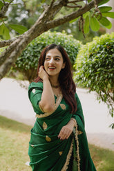 Bottle Green Pure Katan Silk Kadhua Banarasi Handloom Saree